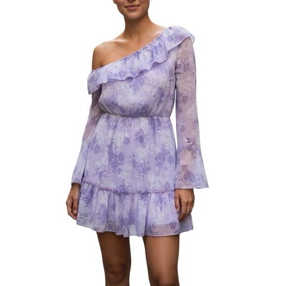 Peach Love California Mini Dress Womens M Purple Floral Tiered One Shoulder - Picture 1 of 6